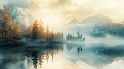 Fototapeta premium A quiet lake covered in fog, with trees and mountains disappearing into the mist and soft light reflecting on the water.