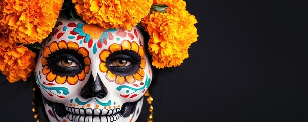 Fototapeta premium A vibrant Day of the Dead face painted with colorful designs, adorned with bright marigold flowers against a black background.