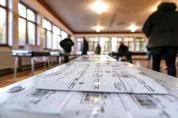 A group of people are sitting at tables with papers in front of them