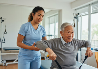 Senior man is exercising with resistance bands while being assisted by a young physiotherapist