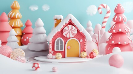Gingerbread house and candy decorations flat design side view cozy home theme 3D render 