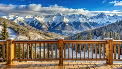 A wooden deck railing offers a panoramic view of a snow-capped mountain range, with fluffy clouds casting shadows on the slopes and a dusting of snow covering the trees in the foreground.