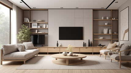 A modern family room with coffee milk walls, featuring a sectional sofa and earthy accents that create a cozy, inviting atmosphere.