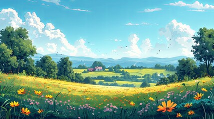 Vibrant Acid dreamlike rural landscape with farms, meadows, fields, trees and forests in the background. Handmade drawing vector illustration. Flat design. Can be used for banners, posters, etc