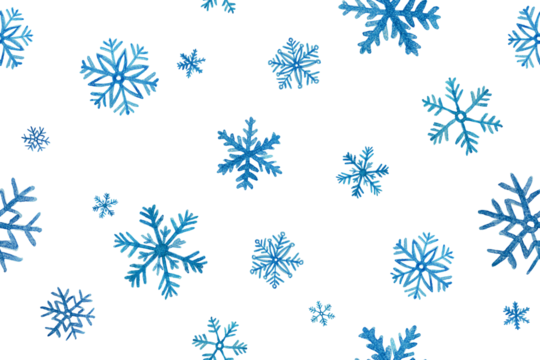 seamless pattern with snowflakes painted with watercolor paints on a white isolated background
