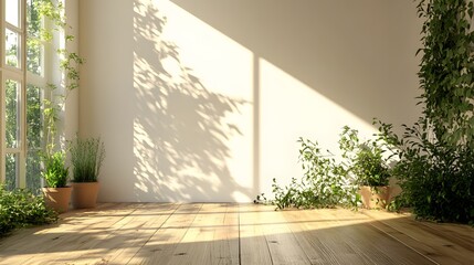 Minimalist interior featuring a pure white wall and wooden floor, sunlight casting shadows with potted plants creating a modern design aesthetic in a high-resolution architectural visualization.