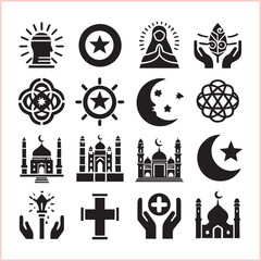 Religious symbols Set of miscellaneous religious Vector illustration icons on white background