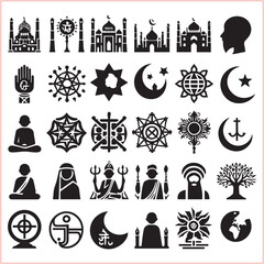 Religious symbols Set of miscellaneous religious Vector illustration icons on white background