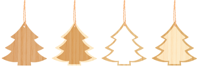 Collection of four wooden Christmas tree decorations hanging on white isolated background