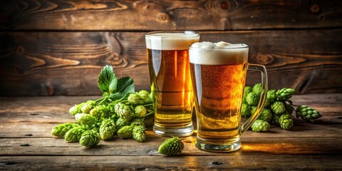 Two Frothy Glasses of Beer Resting on a Rustic Wooden Table Surrounded by Fresh Green Hops