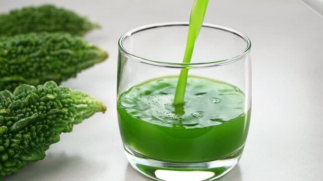 Serving bitter gourd juice in a glass cup.