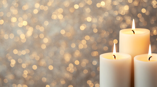 Three elegant white candles lit against a shimmering, softly blurred golden background, creating a warm and inviting atmosphere perfect for relaxation and ambiance.