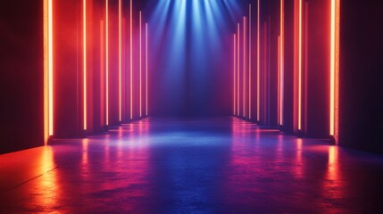 An empty studio stage illuminated by neon lights and glowing rays, stretching out toward a distant horizon, creating a sci-fi atmosphere.