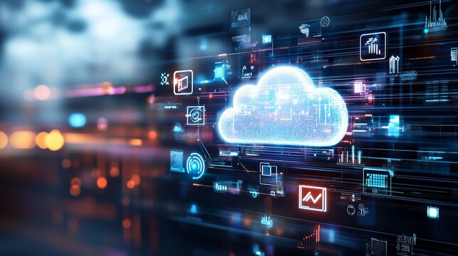 Digital cloud computing concept with futuristic technology icons and glowing elements, symbolizing data storage and modern connectivity.