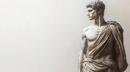 classical sculpture of a male figure draped in flowing garments showcasing intricate musculature and artistry reminiscent of ancient greek craftsmanship isolated against a stark white background
