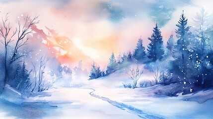 Fototapeta premium Soft winter vibes in watercolor style, featuring delicate snowy landscapes and peaceful atmospheres. Serene and artistic representation of the cold season with dreamy brushstrokes and gentle pastel 