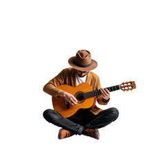 Man wearing hat and casual clothing playing an acoustic guitar while sitting cross-legged on the floor, creating a relaxed musical vibe.