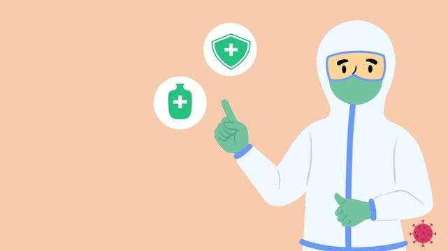 4K video Doctor Footage with doctor and APD safety on red Screen Background. 4k video animated doctor with uniform character and medicine and safety for covid19