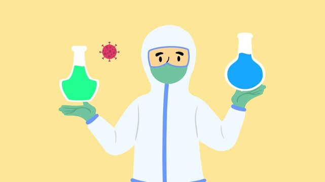 4K video Doctor Footage with doctor and APD safety on yellow Screen Background. 4k video animated doctor confused about choosing a vaccine for covid19
