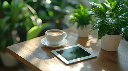 3D Icon Glossy Home Office Desk Setup with Tablet and Coffee - Overhead View of Clean Organized Workspace on Isolated White Background