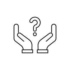 Hand holding question mark icon. Outline style. Why, who, doubt, uncertainty, curious, ask, curiosity, interrogation concept. Vector illustration isolated on white background