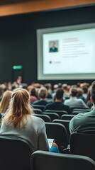 A photograph of an audience at the front and side view from behind, watching someone giving a presentation on stage in a conference hall