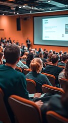 A photograph of an audience at the front and side view from behind, watching someone giving a presentation on stage in a conference hall