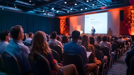 A photograph of an audience at the front and side view from behind, watching someone giving a presentation on stage in a conference hall