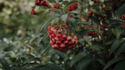 Close-up of red berries nestled in green leaves