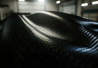 Wavy carbon fiber surface reflecting light in a workshop