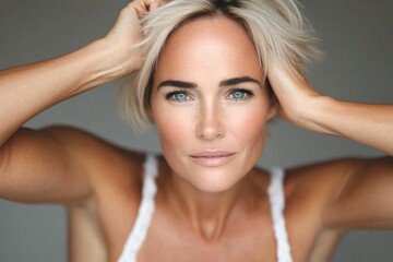 Obraz premium Close Up Portrait Of A Beautiful Middle Aged Woman With Short Blond Hair