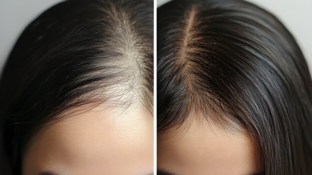 Before-and-after scalp photos in an article discussing the effectiveness of hair loss shampoos, showing hair regrowth and reduction of thinning areas over time