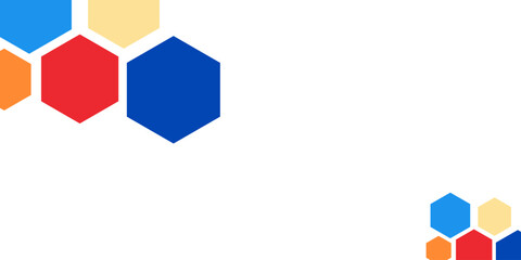 A minimalist geometric design with vibrant hexagonal shapes in blue, red, orange, and yellow, arranged on a white background.A clean layout and bold colors make this design ideal for modern branding.