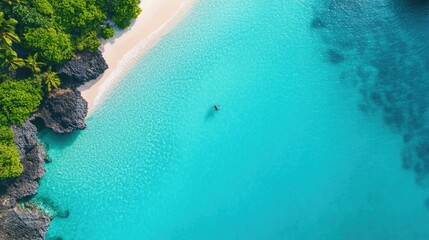 Aerial drone footage showcases the breathtaking natural beauty of a secluded tropical island with its crystal clear turquoise waters pristine white sand beaches and lush green foliage