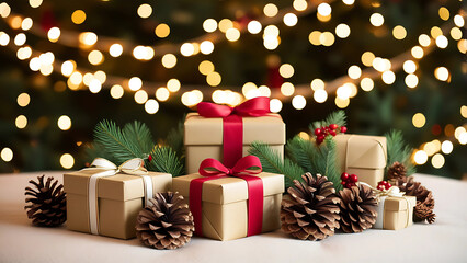 Cozy Christmas and New Year Scene with Gifts and Glowing Garland Lights