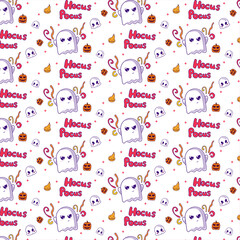 Halloween ghosts pattern, cute characters in pumpkins, magic, hocus pocus text on white background in flat for wrapping papers, wallpapers, packaging, scary autumn party illustration