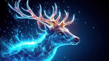 Fototapeta premium Majestic deer with glowing antlers in a mystical blue setting against dark background.