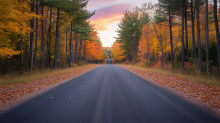 Fototapeta premium A serene autumn road lined with vibrant orange and yellow trees creates picturesque scene. peaceful atmosphere invites exploration and reflection.