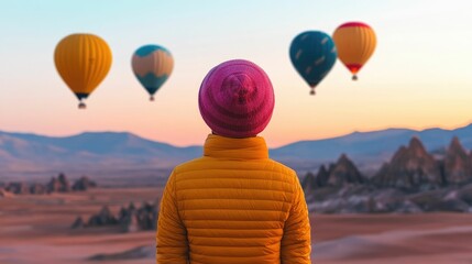 Traveler stands in awe watching a fleet of vibrant hot air balloons drifting across a serene desert landscape as the sun dips below the horizon creating a stunning bucket list worthy experience