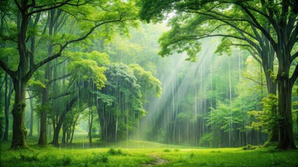 Tranquil forest scene with gentle rain falling on lush green trees peaceful nature