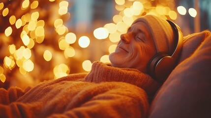 Obraz premium A contented man with headphones on, leaning back in a cozy chair, lost in the music. Perfect for illustrating relaxation, comfort, and peaceful moments.