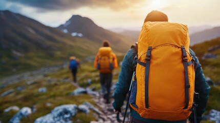 Hikers Trekking Through Rugged Mountain Trail With Backpacks and Trekking Gear on Group Hiking Adventure in Challenging Trek Across Scenic Wilderness Landscape