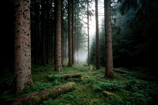 Serene Forest Morning with Misty Light Through Trees