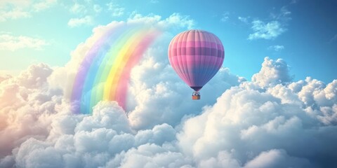 Fototapeta premium Hot air balloon floating above clouds with a rainbow in the background