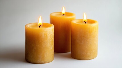 Set of three pillar candles with soft flames isolated on a white background