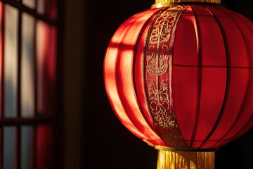 Red Chinese lantern glowing in warm light with intricate details