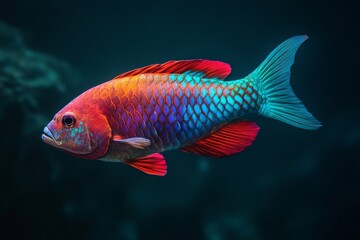 Naklejka premium the beside view Redtail Parrotfish, left side view, white copy space on right, Isolated on dark Background