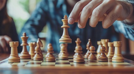 A man is playing chess with a wooden chess set