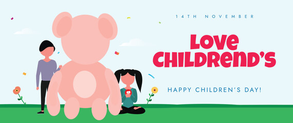 Happy Children's Day celebration cover banner. 14th November Children day celebration cover banner with a girl child and a boy child, big teddy bear.