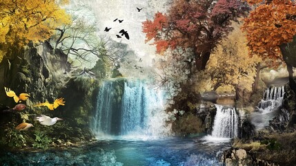 A beautiful autumn waterfall cascading through a serene forest park, surrounded by colorful trees and rocky landscapes, creating a peaceful natural scene